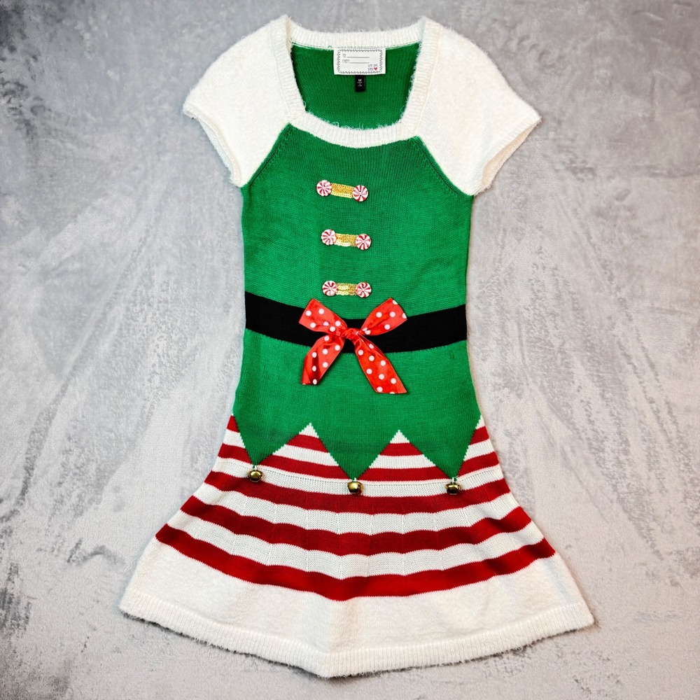 With Love Derek Sweater Dress Women Medium Green Elf Ugly Christmas Jingle Bell